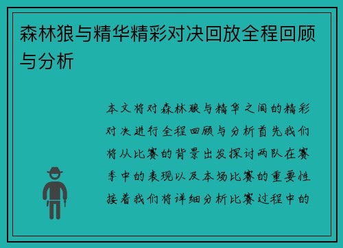 森林狼与精华精彩对决回放全程回顾与分析