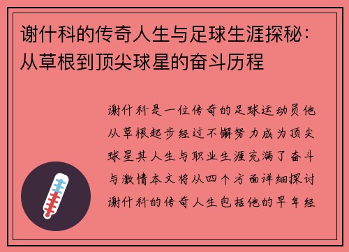 谢什科的传奇人生与足球生涯探秘：从草根到顶尖球星的奋斗历程